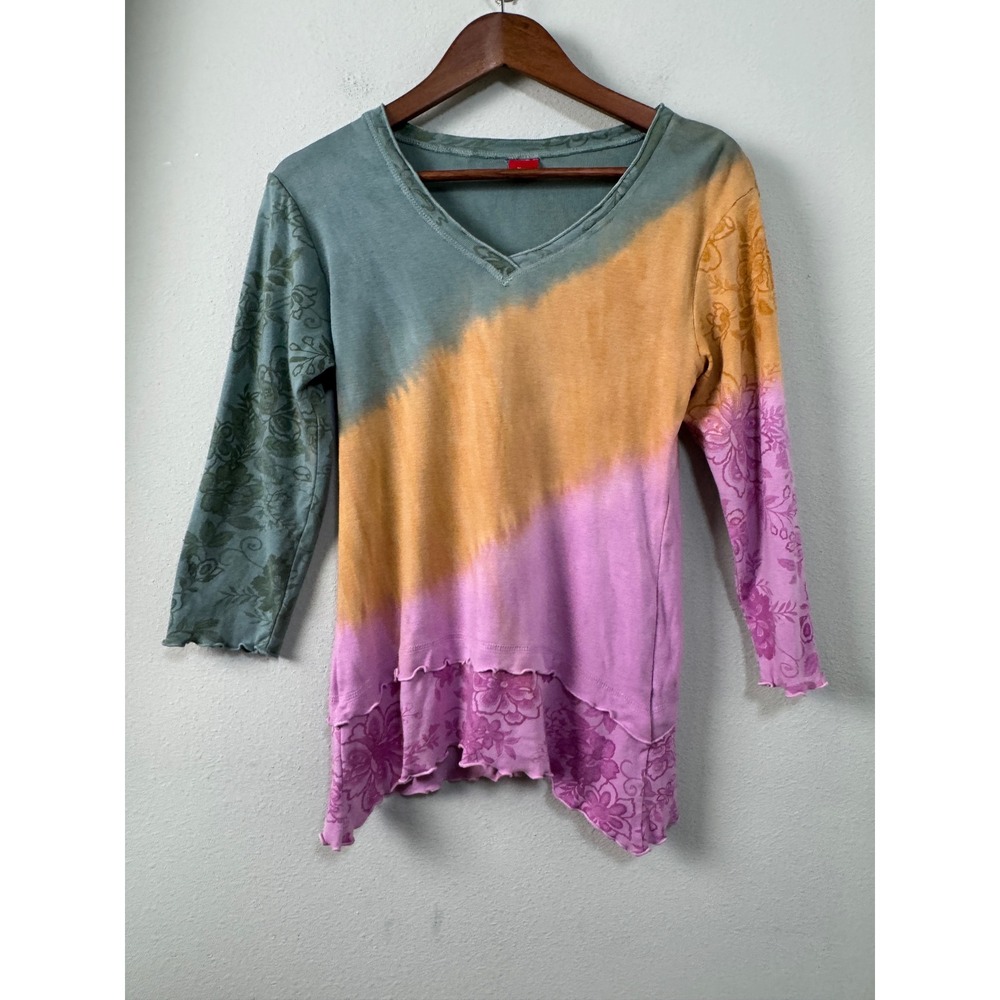 Glima Tie Dye Floral Long Sleeve V-Neck Top Lettuce Hem y2k Fairycore Size M